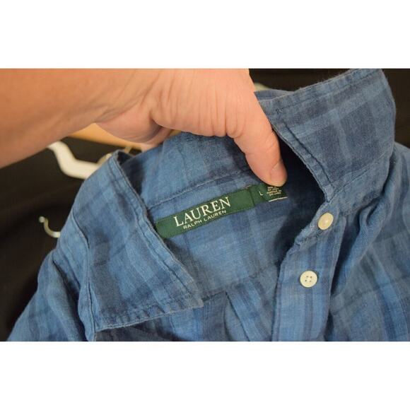Lauren Ralph Lauren Top Womens L Blu Popover Long Sleeve 100% Linen Plaid Tunic - Picture 4 of 5